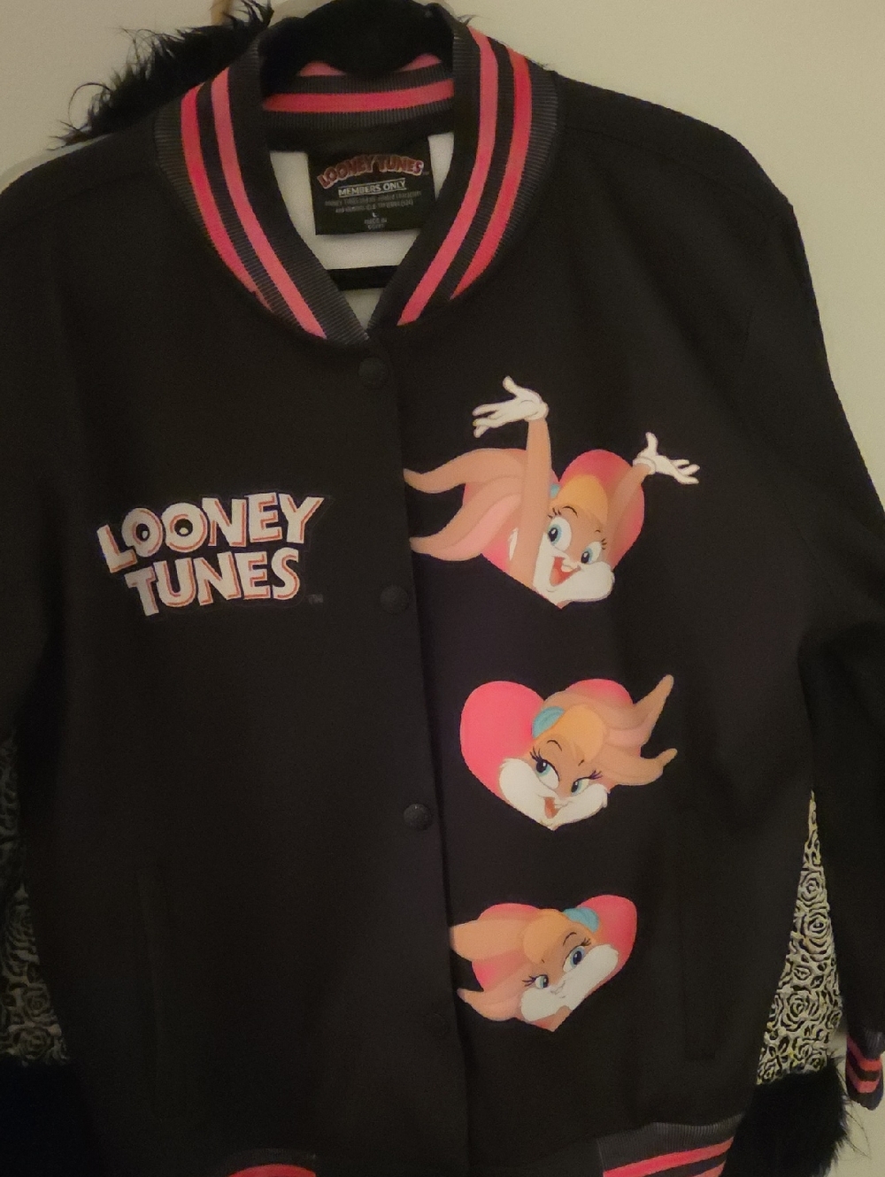 Members Only Black Looney Tunes Varsity Jacket with Pink Trim